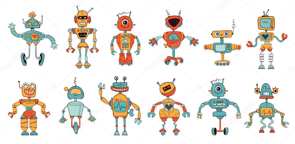 Funny cartoon robots. Colorful cartoon character. Funny vector illustration. Isolated white background. Set