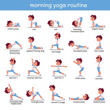Sabah yogası. Küçük çocuk antrenman yapıyor. Sırt egzersizi seti. İyi duruş için fiziksel egzersizler. Çizgi film karakterleri. Komik vektör çizimi. Beyaz arkaplanda izole