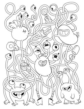 Çocuklar labirenti geçmek için mantık oyunu oynar. Canavar için şeker bul. Çocuklar için eğitici bir oyun. Doğru yolu seç. Komik çizgi film karakteri. Çalışma sayfası. Boyama kitabı