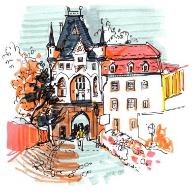 Meissen, Almanya. Ön planda bir bina olan suluboya bir manzara. Serbest çizim çizimi