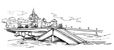 Dresden, Almanya. Ön planda bir bina ile boyanmış yüzey çizimi. Serbest çizim çizimi