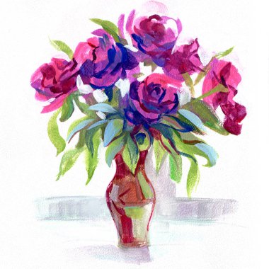 Vazodaki şakayıklar. Durgun Hayat. Çiçekli tebrik kartı. Boyalı el yapımı çiçekler. Suluboya ile serbest çizim