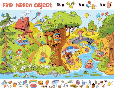 15 kurbağa bul. Resimdeki gizli nesneyi bul. Bulmaca Gizli Öğeler. Kelimesiz resim kitabı. Wimmelbook. Wimmelbuch. Parkta oyun parkında oynayan çocuklar. Çocuklar için eğitici bir oyun