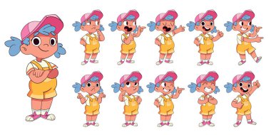 Farklı duygular ve el hareketleri gösteren pembe şapkalı şirin bir çizgi film kızı. Animasyon, eğitim ya da reklam için bir dizi anlamlı karakter pozu. Komik çizgi film karakterleri. Vektör Ayarları