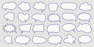 Elle çizilmiş boş konuşma baloncukları ve bir defter kağıdına düşünce bulutları. İletiler, notlar, konuşmalar ve tasarım ögeleri için çizgi roman koleksiyonu.