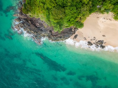 Turkuaz su, beyaz kum ve büyük kayalarla tropikal plajın yukarıdan görünüşü. Kayaların üzerinde büyüyen ağaçlar ve palmiyeler. Tropikal tema.