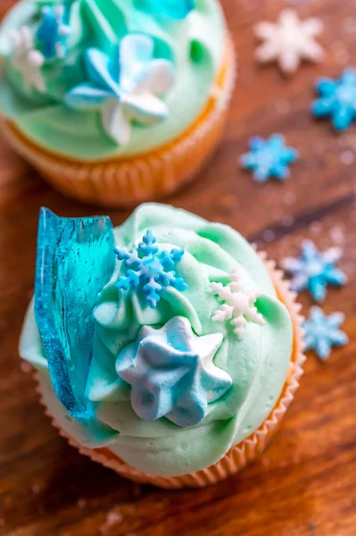 Homemade Cupcake Blue Color Placed Wooden Desk Winter Christmas Theme — Stock Photo, Image