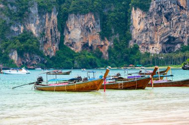 Tayland, Krabi 'deki Railay plajında uzun kuyruklu tekneler. Tropik cennet, turkuaz su ve beyaz kum..