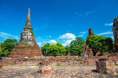Ruins of ancient city and temples Ayutthaya, Thailand. Old kingdom of Siam. Summer day with blue sky. Famous tourist destination, spiritual place near Bangkok.