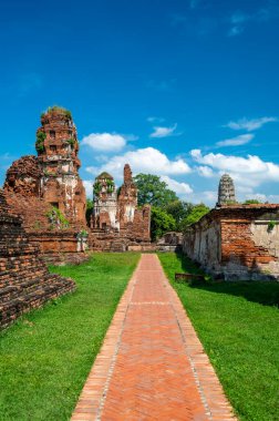 Ruins of ancient city and temples Ayutthaya, Thailand. Old kingdom of Siam. Summer day with blue sky. Famous tourist destination, spiritual place near Bangkok.