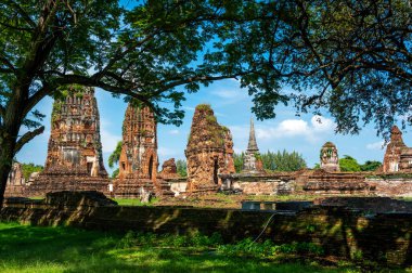 Ruins of ancient city and temples Ayutthaya, Thailand. Old kingdom of Siam. Summer day with blue sky. Famous tourist destination, spiritual place near Bangkok.