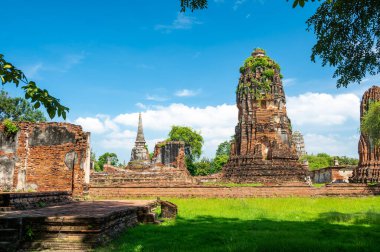 Ruins of ancient city and temples Ayutthaya, Thailand. Old kingdom of Siam. Summer day with blue sky. Famous tourist destination, spiritual place near Bangkok.