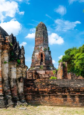 Ruins of ancient city and temples Ayutthaya, Thailand. Old kingdom of Siam. Summer day with blue sky. Famous tourist destination, spiritual place near Bangkok.