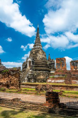 Ruins of ancient city and temples Ayutthaya, Thailand. Old kingdom of Siam. Summer day with blue sky. Famous tourist destination, spiritual place near Bangkok.