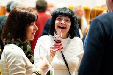 Hrusovany u Brna, Çek Cumhuriyeti - 17.2.2024: Şarap arıtma ve şarap tatma etkinliği. Bardaktan içen insanların görüntüsü. Güney Moravya bölgesi, Palava tepeleri yakınlarındaki şarap diyarı..