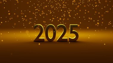 2025 altın rakamı, etrafında ışıldayan parçacıklar olan pırıl pırıl altın bir arka planda göze çarpıyor. Parlak, ışıl ışıl parçacıklar, yeni yıl için umut ve heyecanı simgeleyen şenlikli ve kutlama atmosferini güçlendiriyor.