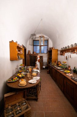 Cesky Krumlov, Çek Cumhuriyeti - 26.10.2024: Cesky Krumlov Kalesi 'nin iç mekanlarının görkemli manzarası, zarif mobilyalar, tarihi tablolar ve kalenin zengin mirasını ve zenginliğini yansıtan büyük temsilci odaları