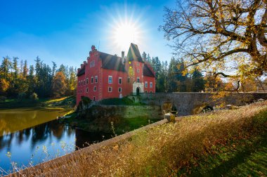 Çek Cumhuriyeti 'ndeki Cervena Lhota Kalesi' nin panoramik manzarası, görüntüsünü yansıtan bir gölle çevrili. Parlak renkte sonbahar ağaçları ve güneşli hava resim gibi, sakin bir manzara yaratır..