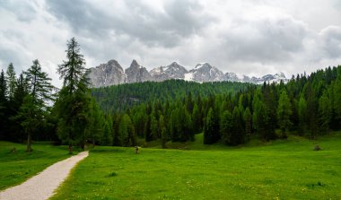 İtalyan Dolomitleri 'ndeki (Dolomiti, Dolomiten) ormanların, dağların ve vadilerin nefes kesici manzarası. Kayalık bir çıkıntı boyunca manzaralı bir patikadan yakalanmış. Büyüleyici alp doğası.