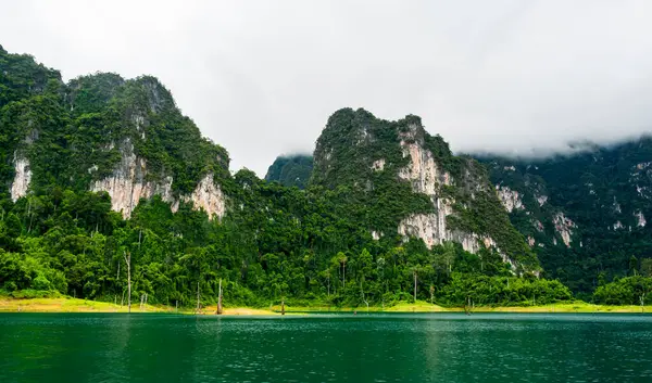 Tayland 'ın Krabi ilindeki Khao Sok Gölü manzarası. Yüksek kireçtaşı uçurumları, gölün sakin yüzeyinden yükselen tropikal yağmur ormanlarıyla kaplı..