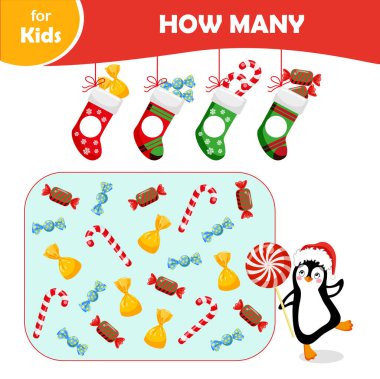 Çocuklar için mini oyunlar. Çocuklar için matematik oyunu, ne kadar? Şirin penguenler Noel çoraplarında şeker toplar, farklı tipte şeker sayar. Noel, çocuklar için kış sezonu. Beyaz arkaplan.