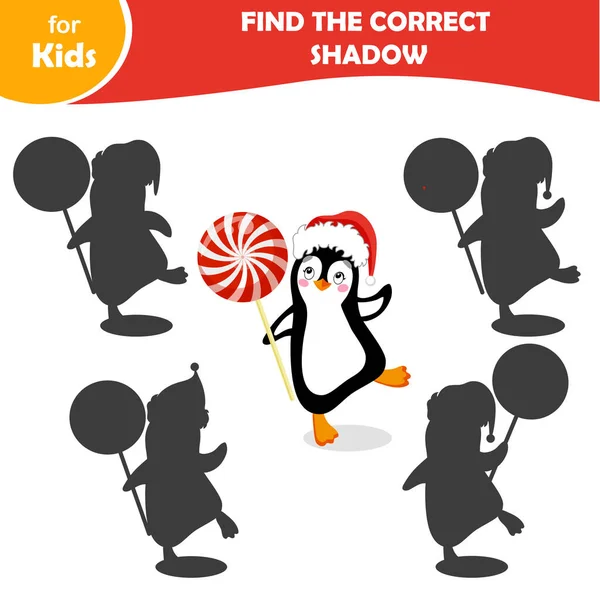 Çocuklar için mini oyunlar. Şirin penguenler için bir gölge bul. Noel, kış sezonu. Kafasında yeni yıl şapkası, elinde bir Noel lolipopu tutuyor. Yeni yıl baskısı ve çocuk aktiviteleri için illüstrasyon