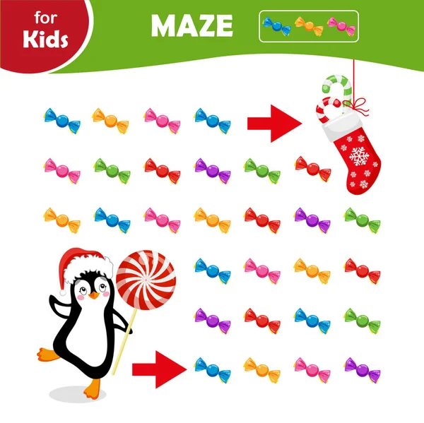 Çocuklar için mini oyunlar. Noel serisi. Tatlı penguen şeker labirentinden geçmeli ve hediyelerle dolu yeni yıl çorabına ulaşmalı. Çocuklar için geliştirme ve eğitim kartları.