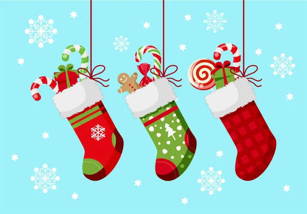 Sada Ponožek Nový Rok Vánočním Stylu Červená Bota Lízátkem Dárek — Stockový vektor