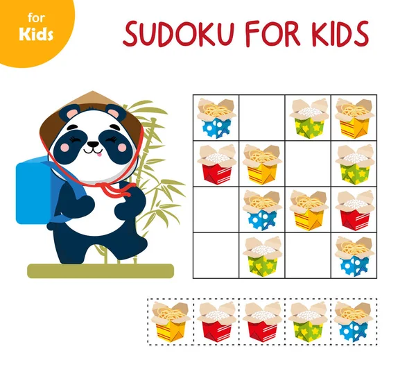 Mini Juego Para Niños Sudoku Cocina Asiática Ayuda Panda Entregar — Vector de stock