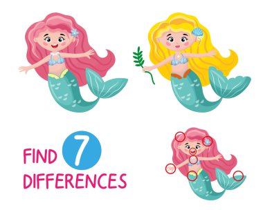 Çocuklar için mini oyun, çizgi film stili denizkızı imajı. Dikkatlice bak ve resimler arasında 7 farklılık bul. Bu oyun çocuklar için ve detaylara dikkat etmelerini sağlıyor. Renkli denize.