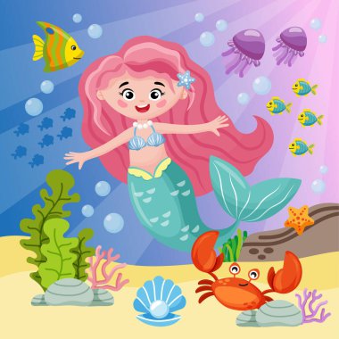 Sualtı Dünyası 'ndaki Deniz Kızı, Deniz Hayvanları ve Bitkilerle çevrili bir deniz kızını gösteren çocuklar için karikatür çizimi. Çocuk kitabı için resim, öğretim yardımları..