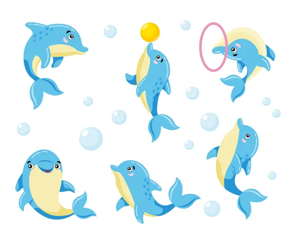 Delfiner Sett Med Tegn Søte Fargerike Bilder Delfin Karikaturstil Forskjellige – stockvektor