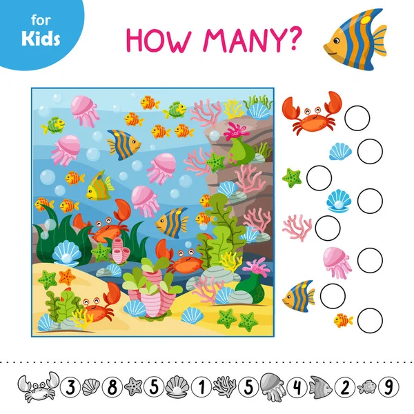 Çocuklar için mini oyun. Resimde saklı deniz figürlerini bulup saydıkları çocuklar için eğlenceli bir oyun. Hesaplama ve gözlem yetenekleri geliştirmek için mükemmel. Çocukların Eğitimi.