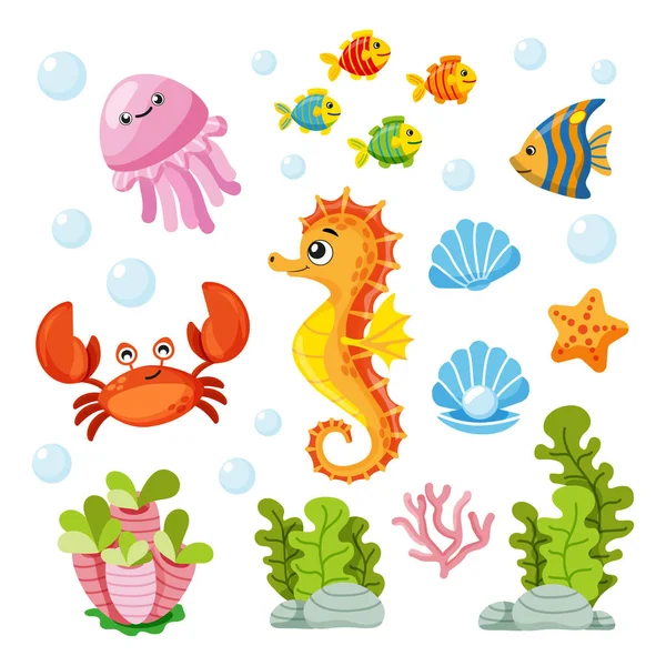 Набір Ікон Елементів Морських Тварин Мушлі Коралові Водорості Риби Мультиплікаційному — стоковий вектор