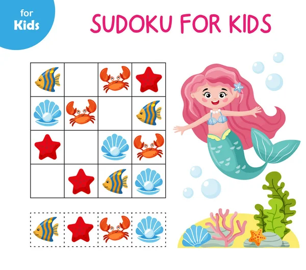 Sudoku Del Mar Sirena Para Los Cabritos Juego Educativo Divertido — Vector de stock