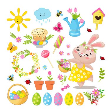 Paskalya temalı karikatür tarzında tasarım elementleri ve resimler. Paskalya Tavşanı, Çiçekler, Kuşlar, Beyaz Arkaplanda Boyalı Yumurtalar, İzole Kesilmiş Nesne. Sepetli Tavşan Balerin
