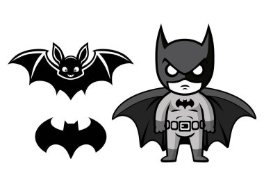 Set with a silhouette of a bat and a hero Batman. Black and white graphics on a white background. Simple drawing, logo. clipart