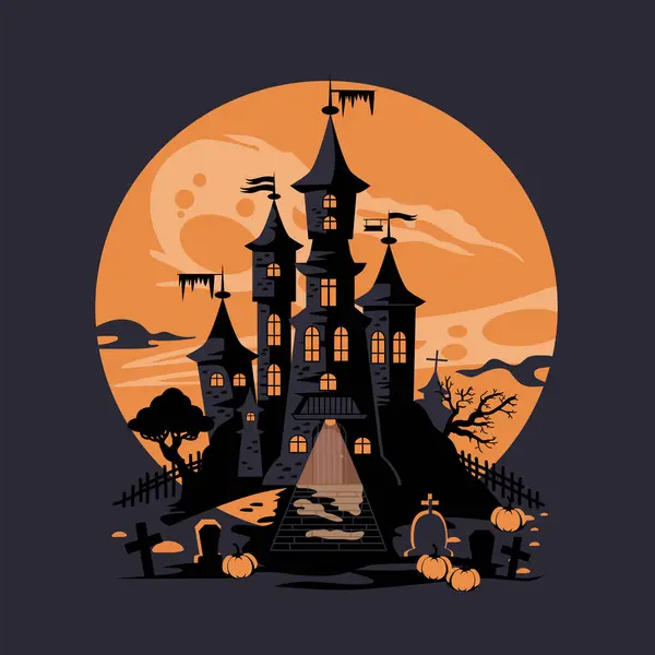 城と墓地のハロウィーン風景 オレンジの月の背景にある城のシルエット ハロウィンバナー ポスター シンプルな漫画スタイル — ストックベクタ