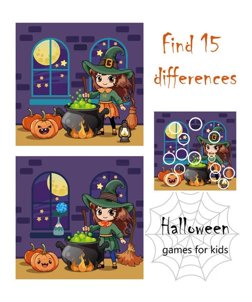 Halloween Készlet Rejtvény Gyerekeknek Illusztráció Találj Különbséget Egy Aranyos Kis — Stock Vector