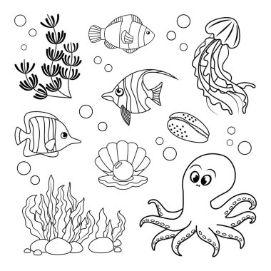 Denizci seti, balık, ahtapot, denizanası ve deniz kabukları basit doğrusal tarzda. Kitaplar ve posterler için siyah beyaz grafikler