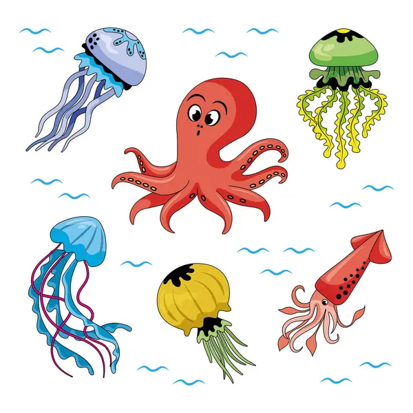 Sett Med Marine Dyr Fremhevet Hvitt Octopus Maneter Blekksprut Illustrasjon – stockvektor