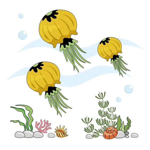 Встановлює Медузи Утеплені Жовті Медузи Білому Тлі Морське Дно Кольорова — стоковий вектор