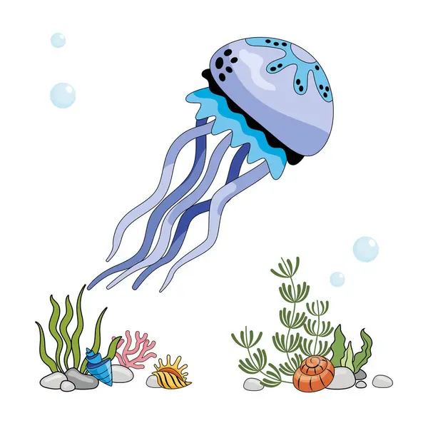 Jellyfish Isolert Blå Maneter Hvit Bakgrunn Havbunn Farge Illustrasjon Stil – stockvektor