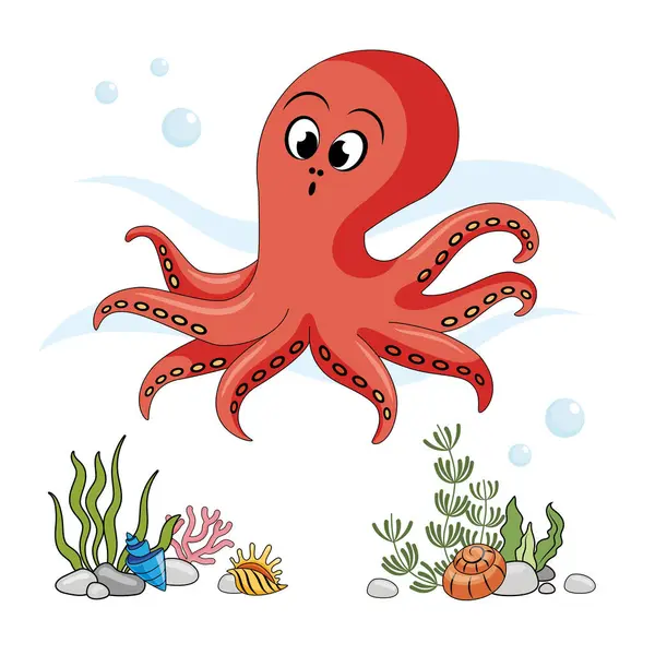 Octopus Isolert Blekksprut Hvit Bakgrunn Havbunn Farge Illustrasjon Stil Med – stockvektor