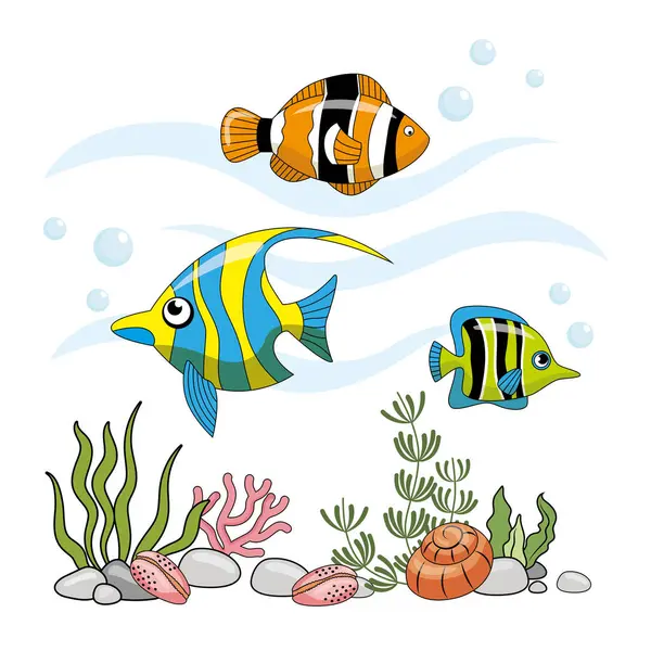 Fargerik Havfisk Med Tang Havbunnen Havbunn Med Alger Skjell Koraller – stockvektor