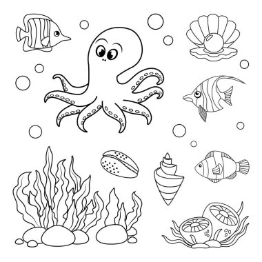 Denizci seti, balık, ahtapot, denizanası ve deniz kabukları basit doğrusal tarzda. Kitaplar ve posterler için siyah beyaz grafikler