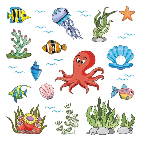 Eine Reihe Von Meerestieren Cartoon Stil Fische Ozeane Muscheln Algen — Stockvektor