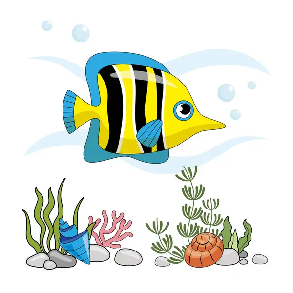 Vis Geïsoleerde Vis Een Witte Achtergrond Zeebodem Cartoon Stijl Kleurenillustratie — Stockvector
