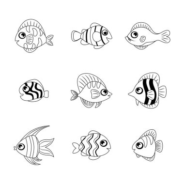 Deniz dibinde deniz yosunları olan renkli deniz balıkları. Yosun, deniz kabuğu ve mercan ile deniz tabanı. Deniz dibi algler, deniz kabukları ve mercanlarla dolu. siyah ve beyaz resim