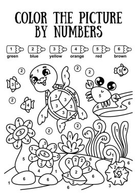 Çocuklar için numaralara göre boyama kitabı. Deniz tabanında kaplumbağa ve yengeç. siyah beyaz resim